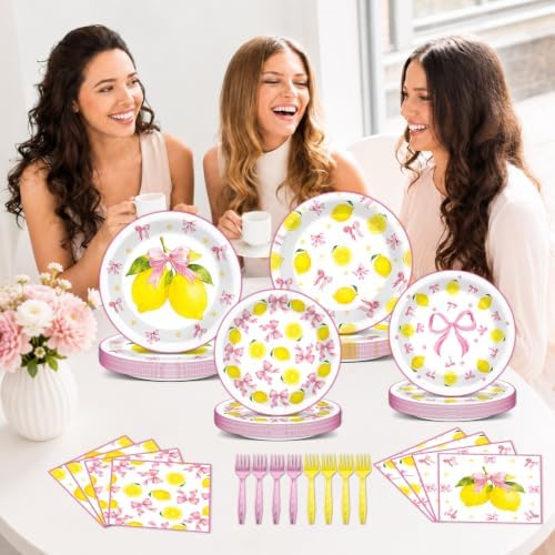 96 Pcs Pink Bow Lemon Party Decorations Pink Yellow Birthday Plates and Napkins Lemon Paper Plates Summer Disposable Tableware Set for Girls Women Bridal Baby Shower Wedding Supplies - Image 5