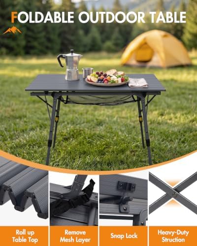 Portal Outdoor Folding Portable Picnic Camping Table with Adjustable Height Aluminum Roll Up Table Top Mesh Layer, Dark Gray - Image 4