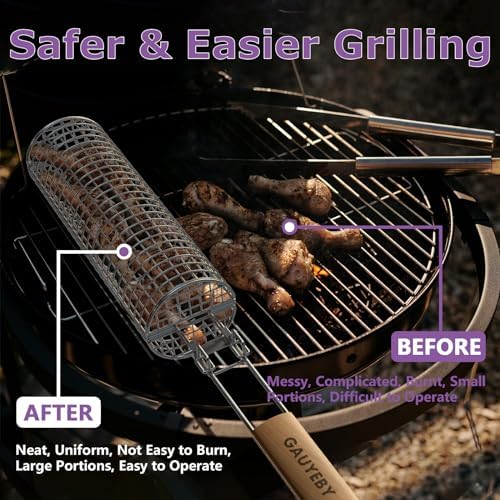 Rolling Grill Basket, Grill Baskets for Outdoor Grill, REMOVABLE HANDLE, Anti-Scorch Stainless Steel BBQ Net Tube for Meat, Shrimp, Vegetables, Grill Accessories, Gifts for Dad, Husband (Round) - Image 4