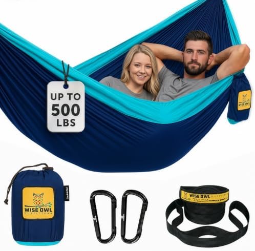 Wise Owl Outfitters Hammock for Camping Double Hammocks Gear for The Outdoors Backpacking Survival or Travel - Portable Lightweight Parachute Nylon DO Navy & Lt Blue by WiseOwlOutfitters