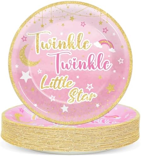 Wiooffen 48 Pcs Twinkle Twinkle Little Star Party Supplies 9" Paper Plates Set Gender Reveal Theme Tableware Pack Pink Baby Shower Party Dessert Plates Little Star Birthday Holidays Decorations by Wiooffen