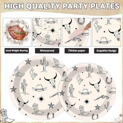 96PCS Western Cowboy Party Paper Plates and Napkins Set for Rodeo Party Cake Dessert Plates Disposable Decor Supplies Wild West Bachelorette Tableware for Kids Birthday Gatherings Decorations - Image 3