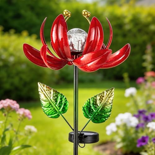 AIINY Solar Lights Outdoor Garden Decor, Solar Wind Spinner Yard Decorations Gifts for Outside, Lotus Windmill Pathway with LED Cracked Crystal Ball Waterproof Flower Sculpture for Patio Lawn - Image 2