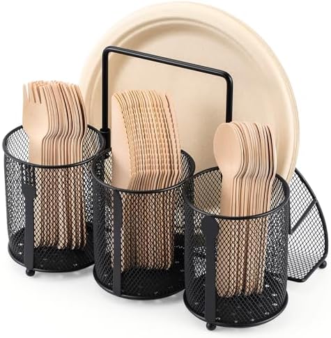 Utensil Caddy Silverware Holder for Party, Metal Mesh Cutlery Storage Organizer for Forks Spoons Napkins Plates, Perfect for Kitchen, Buffet, Picnic, Camping & Outdoor BBQ by ZZDWLDHA