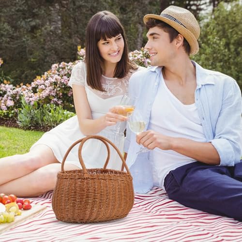 POPETPOP Rustic Imitation Rattan Woven Basket PP Material Multi-Function Fruit Vegetable Organizer for Outdoor Picnic and Decorative Storage - Image 6