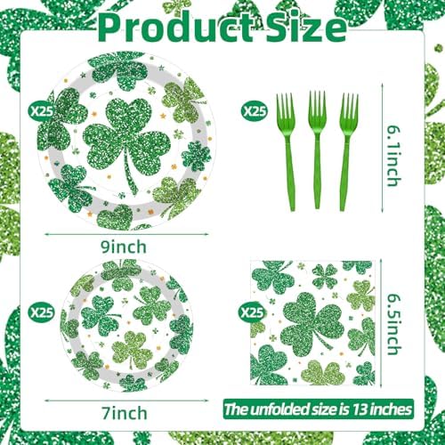 100 Pcs St. Patrick’s Day Shamrock Tableware Party Supplies Set, Serves 25 – Disposable Green Clover Paper Plates, Napkins, and Forks for Irish Celebration, Lucky Party, or Spring Festival Decorations - Image 2