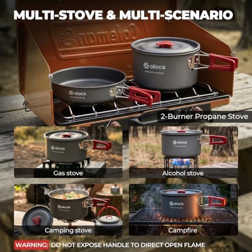 ALOCS 19pcs Camping Cookware Mess Kit, Pots and Pans Set with Kettle - Image 5