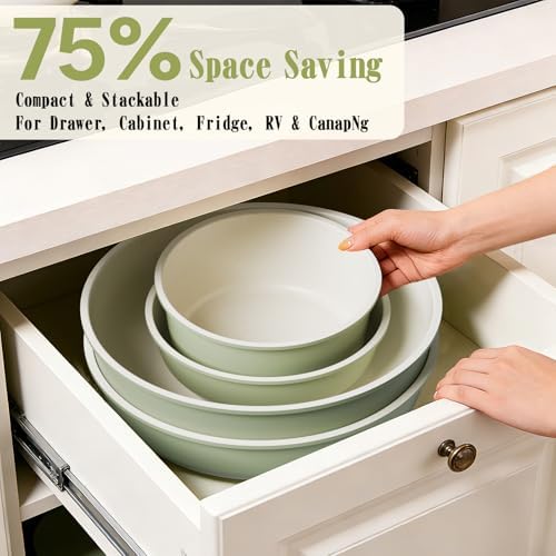 Umite Chef Non Stick Pots and Pans Set, 21 Pcs Ceramic Kitchen Cookware Set with Detachable Handle, Nonstick Healthy Induction Cookware, Dishwasher RV Cookware Set, Oven Safe, Stackable, Sage Green - Image 3