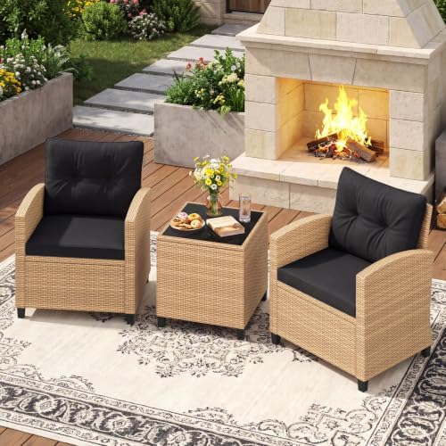 Tangkula 3 Pieces Patio Furniture Set, PE Rattan Wicker 3 Pcs Outdoor Sofa Set w/Washable Cushion and Tempered Glass Tabletop, Conversation Furniture for Garden Poolside Balcony - Image 4