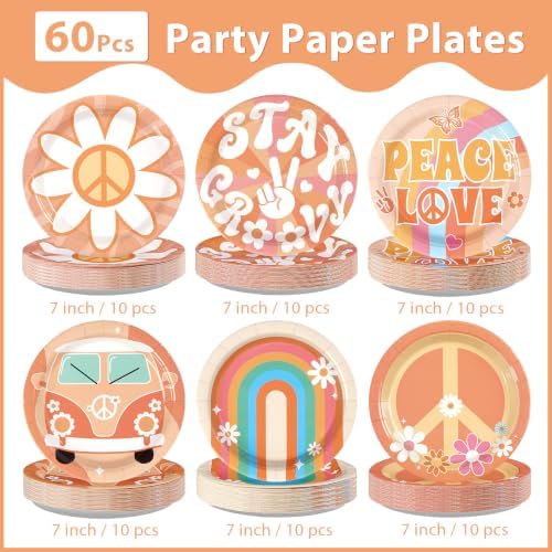 60Pcs Groovy Party Paper Plates 7" Disposable Heavy Duty Retro Hippie Boho Dessert Plates Daisy Flower Peace Love Theme Hippies Party Decoration for Summer 60s 70s Birthday Baby Shower Party Supplies - Image 2