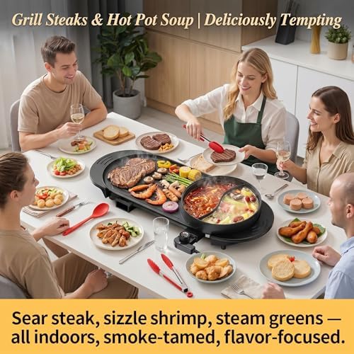 27" Hot Pot with Grill Electric BBQ Grill Combo, 2200W Indoor Korean BBQ Grill with Dual Temperature Control, Large Shabu Shabu Pot, Nonstick Tabletop Grill for 2-12 People, 110V - Image 4