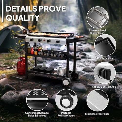 ROVSUN 4 Burner Portable Propane Griddle with Nonstick Enameled Tray, 40000 BTU Rolling Flat Top Gas Grill with Electronic Ignition, Side Shelves & Regulator for Outdoor Cooking Camping BBQ Tailgating - Image 5