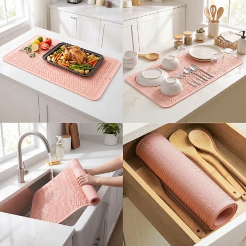 MicoYang Silicone Dish Drying Mat for Multiple Usage,Easy clean,Eco-friendly,Heat-resistant Silicone Mat for Kitchen Counter or Sink,Refrigerator or Drawer Liner Pink 5XL 36inches x 18inches - Image 4