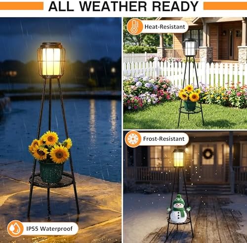 MXwcy 2 Pack Solar Lights Outdoor with Plant Stand, Waterproof Solar Floor Lamp & Tall Metal Planter Holder for Outside, Decorative Tripod Pathway Lantern for Patio, Garden, Porch, Yard Decor - Image 4