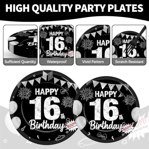 96PCS 16th Birthday Party Paper Plates and Napkins and Forks Set for Black sweet 16 Years Old Party Paper Plates Disposable Decor Happy 16th Parties Set for Kids Birthday Gatherings Decorations - Image 3
