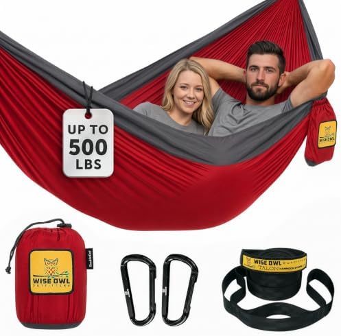 Wise Owl Outfitters Hammock for Camping Double Hammocks Gear for The Outdoors Backpacking Survival or Travel - Portable Lightweight Parachute Nylon DO Red & Charcoal by WiseOwlOutfitters