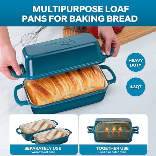 Cast Iron Loaf Pan with Lid 10x5 Inch Enameled Bread Loaf Pan for Sourdough, 2 Piece Set, Emerald - Image 3