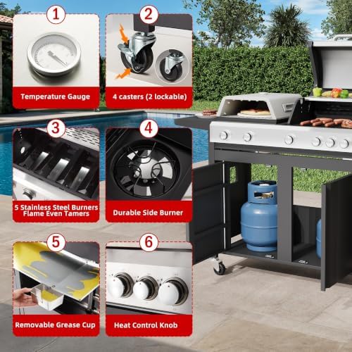 5‑Burner 74000 BTU 3‑In‑1 Propane Gas Grill Combo with Side Burner - Image 7