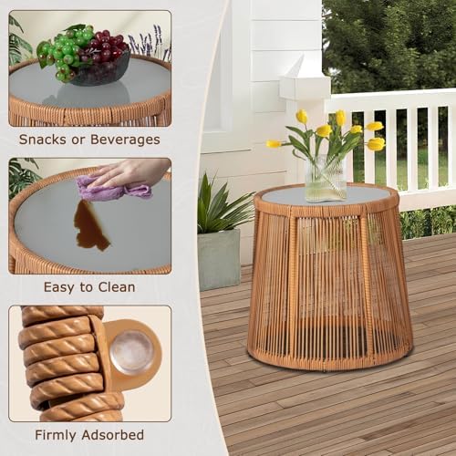 Tappio 3 Piece Outdoor Wicker Bistro Set, Patio Conversation Sets w/2 Large Rattan Chairs and Tempered Glass Table, Patio Furniture for Balcony, Porch, Poolside, Backyard, Beige - Image 4
