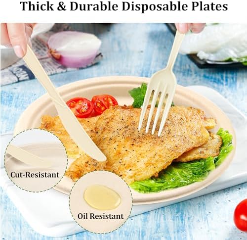 Compostable Paper Plates Set, 250PCS Disposable Heavy-Duty Sugarcane Plate - Image 5