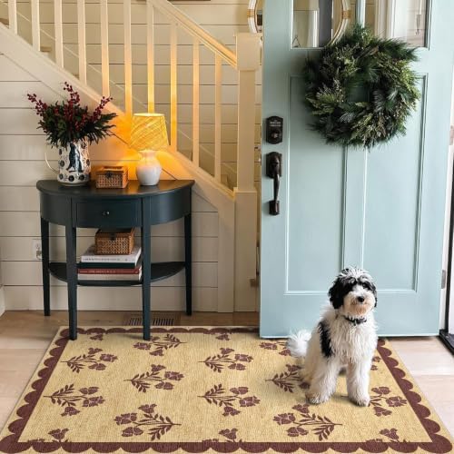 3x5 Floral Entry Rug - Small Washable Indoor Outdoor Mats for Front Door Non-Slip Jute-Look Porch Rug Boho Burgundy Scalloped Throw Rugs for Living Room Bedroom Entryway Kitchen Porch Decor - Image 3