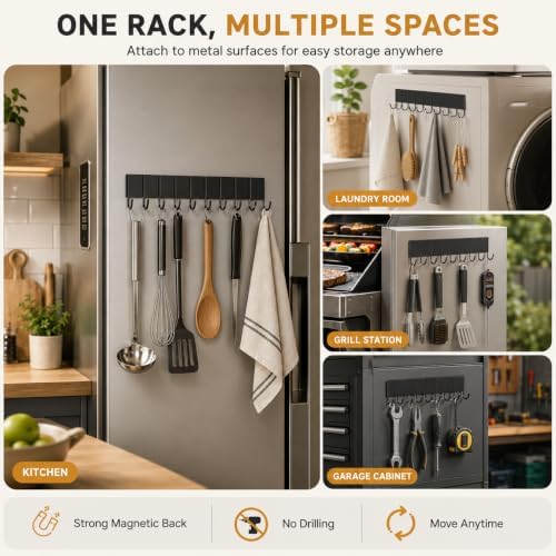 Magnetic Key Holder For Fridge With 10 Hooks, Magnetic Utensil Holder For Wall, Strong Magnetic Key Hanger Hooks Organizer, Magnent Key Rack For Kitchen Metal Door Garage Grill Tools Coat Towel Purse - Image 7