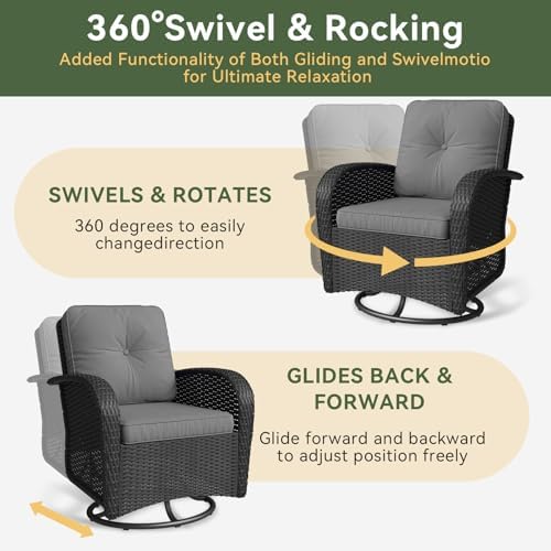 Aoxun 3 Pieces Patio Furniture Set, Patio Swivel Rocker Chairs Set of 2, Wicker Outdoor Bistro Set with Rocking Chair, Thickened Cushions and Table for Porch (Light Grey) - Image 3