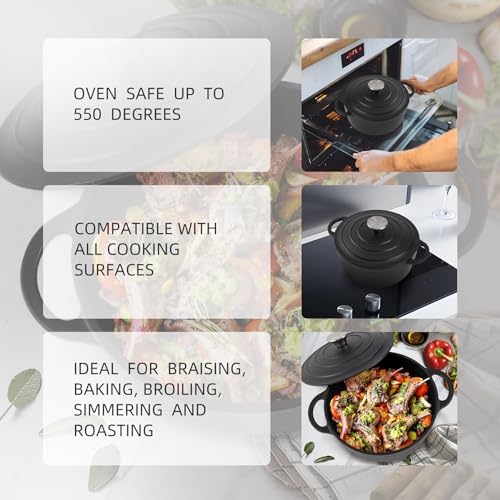 3 Quart Dutch Oven Enameled Cast Iron with Lid - Big Dual Handles - Oven Safe up to 500°F - Classic Round Pot for Versatile Cooking Matte Black(No Enameled) - Image 4