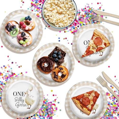 One Silly Goose First Birthday - 32 Piece Disposable Party Supplies - Decorations for Gingham 1st Birthday Round Party Plates - Large 9" Paper Plates In Bulk - Image 4