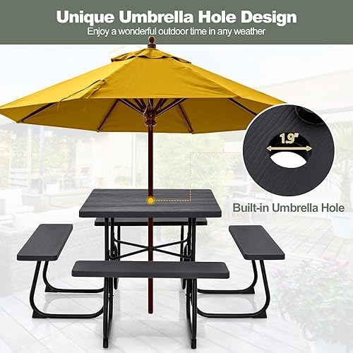Tangkula 8 Person Square Picnic Table with 4 Built-in Benches, Black - Image 6
