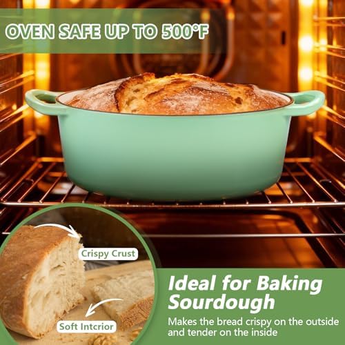 P&P CHEF Oval Dutch Oven with Lid, Enameled Cast Dutch Oven Pot for Bread Baking, Braising, Stewing, Roasting, Non-Stick & Oven Safe, Dual Handles & Easy Clean, 7QT & Pistachio Green, Valentine's Day - Image 6