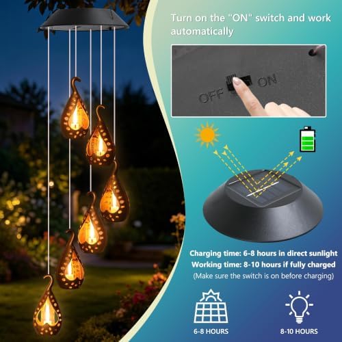 Solar Wind Chime for Ouside, Hanging Outdoor Lights with Flickering Flame - Image 5