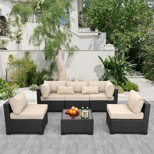 Rattaner Patio Sectional 6 Pieces All-Weather Wicker Patio Furniture Set Outdoor Sectional with Glass Table Non-Slip Cushions and Waterproof Cover, Khaki by Rattaner