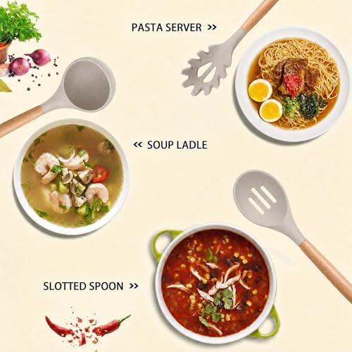 MIBOTE Silicone Cooking Kitchen Utensils Set, Wooden Handle, Khaki - Image 4