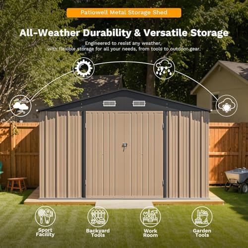 Patiowell 10x12 FT Storage Shed, Outdoor Metal Sheds, Brown - Image 6