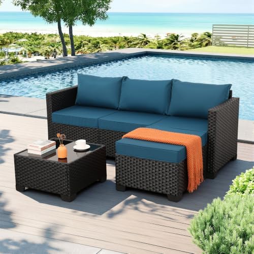 Rattaner Outdoor Furniture Set 3 Pieces Wicker Patio Furniture Outdoor Sectional Patio Couch Outdoor Coffee Table All-Weather Non-Slip Cushions Waterproof Covers, Peacock Blue by Rattaner