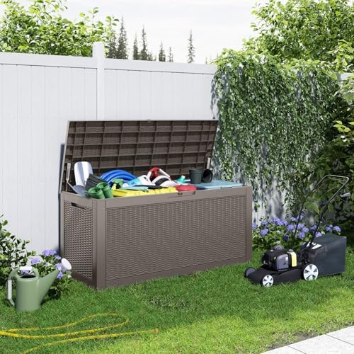 ROJIK 110 Gallon Deck Boxes Outdoor Waterproof, Weatherproof Outdoor Storage Boxes with Lockable Lid and Side Handles for Patio Furniture Cushions, Garden Tools, Pool Accessories (Grey, 110 Gallon) - Image 3