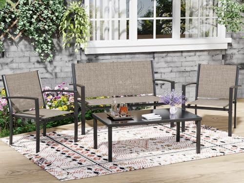 Greesum 4 Pieces Patio Furniture Set, Outdoor Conversation Sets for Patio, Lawn, Garden, Poolside with A Glass Coffee Table, Brown - Image 3