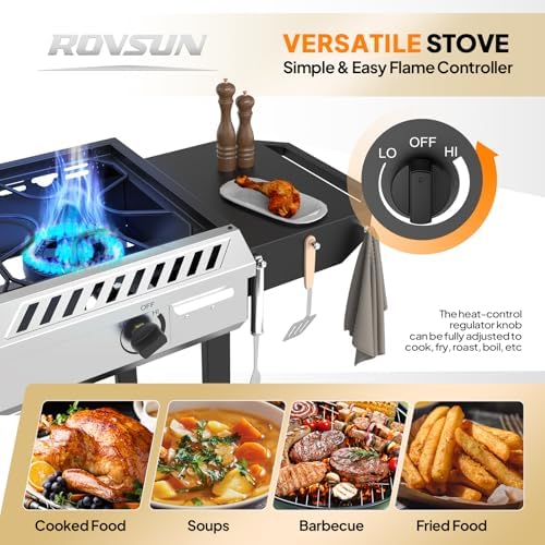 ROVSUN 2-in-1 Propane Stove & 33'' Griddle Combo with Ignition, 3 Burner 225,000 BTU Gas Stove & Grill with Side Shelves, Rolling Wheel & Regulator for Home Outdoor Backyard Camping Cooking Grilling - Image 5