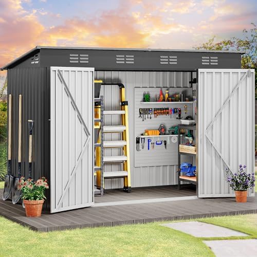 DWVO 9x4ft Large Tool Storage Shed with Lockable Doors, and Sloped Roof, Oversized Steel Outdoor Storage Shed for Garden, Patio, Garage, Backyard, Lawn - Dark Gray - Image 2