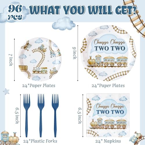96Pcs Chugga Chugga Two Two Watercolor Train 2nd Year Old Retro Birthday Party Plates Supplies - Party Tableware Decoration Disposable Paper Plate Napkin Fork for Birthday, Serves 24 - Image 2