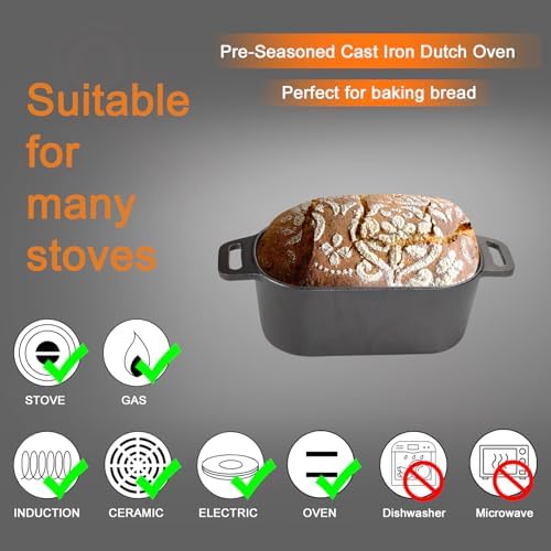 2-in-1 Pre-Seasoned Cast Iron Dutch Oven Pot with Lid as Skillet, Grill Pan, with Lid Lever, Dual Loop Handles, Oval Heavy Dutch Oven for Bread Baking, Frying, Camping, BBQ, 3.8 QT Black - Image 6