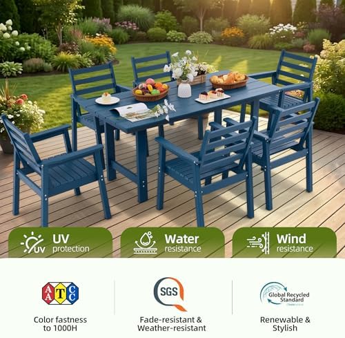 10-Piece Outdoor Dining Set, All-Weather HDPE Patio Furniture, Two 66.5" Slatted Table with 1.6" Umbrella Hole & 8 Ergonomic Armchairs, Heavy Duty 350lbs Capacity, UV Resistant, Blue - Image 5