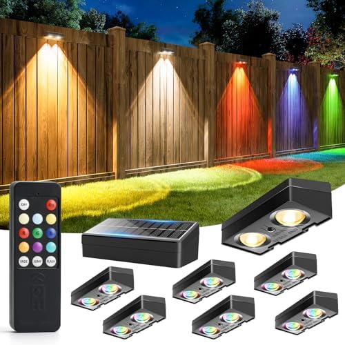 JOFIOS Fence Lights Solar Powered with Remote, 9 Fixed Colors 12 Modes, Solar Fence Lights Outdoor Waterproof, Warm/Cool White, RGB LED Deck Lights for Yard/Railing/Balcony/Patio/Stair/Outside, 8 Pack by JOFIOS