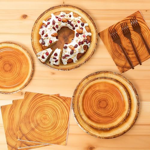 96Pcs Rustic Wood Grain Slice Paper Tableware Set for 24 Guests - Image 5