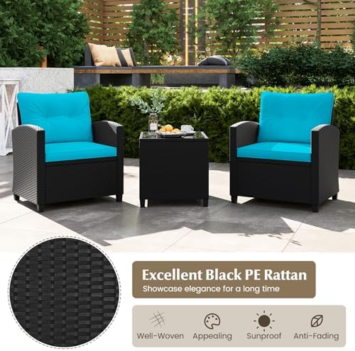 Tangkula 3 Piece Patio Furniture, Rattan Conversation Set w/Soft Seat & Back Cushions, Tempered Glass Topped Coffee Table, Cushioned Wicker Seating Set for Backyard, Porch, Poolside - Image 4