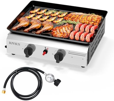 ROVSUN 2 Burner Portable Propane Griddle with Nonstick Enameled Tray, 20,000 BTU Tabletop Flat Top Gas Grill with Electronic Ignition & Regulator for Outdoor Cooking Camping BBQ Tailgating Picnicking by ROVSUN