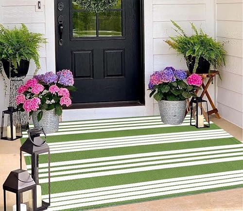 Green and White Outdoor Rug 3'x 5'Washable Area Rug Layered Doormat - Image 4