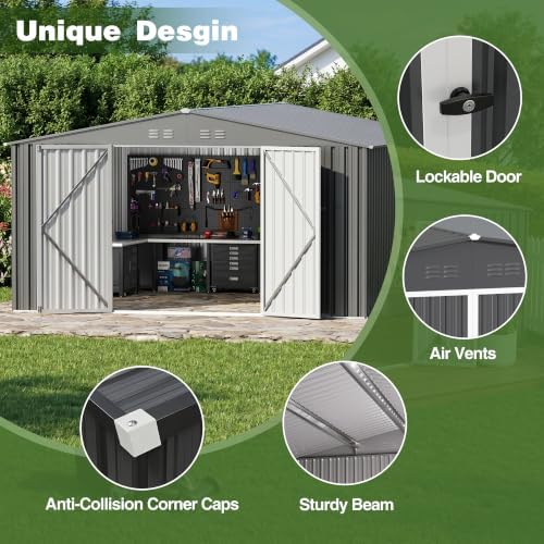 10 x 12 FT Outdoor Storage Shed, Heavy Duty Metal Shed with Lockable Double Door, 2 Magnetic Light, Sloped Roof & Vents for Garden Backyard Lawn, Dark Gray - Image 6