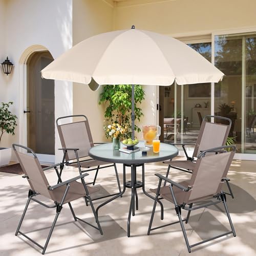 Vongrasig 6 Pieces Folding Patio Dining Set, All Weather Small Metal Outdoor Table and Chairs Set, Patio Furniture Set w/Umbrella, Glass Table & 4 Folding Chairs for Garden, Lawn, Backyard, Brown by Vongrasig